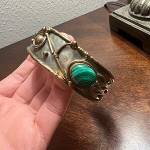 Deco Silver & Gold tone Gemstone Metal Cuff Bracelet